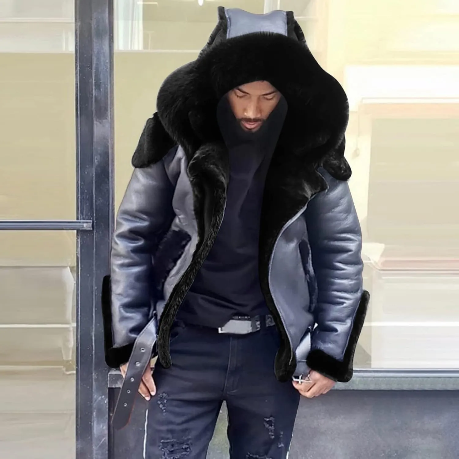 Fleece Lined Faux Leather Hooded Jackets for Men Heavyweight Motorcycle Jackets with Fur Hood Warm Flight Jackets