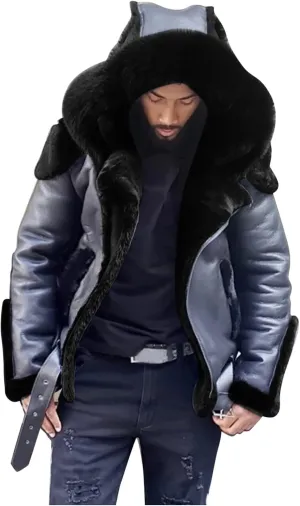 Fleece Lined Faux Leather Hooded Jackets for Men Heavyweight Motorcycle Jackets with Fur Hood Warm Flight Jackets