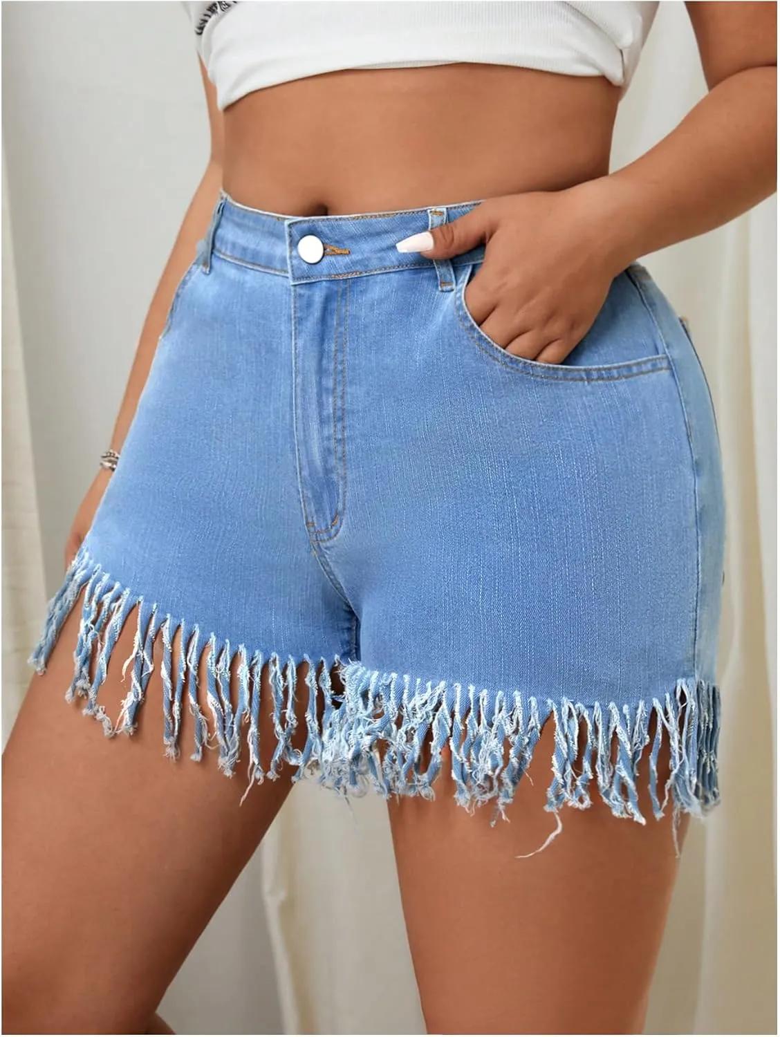 Floerns Women's Plus Size High Waist Zipper Fly Fringe Denim Shorts with Pocket