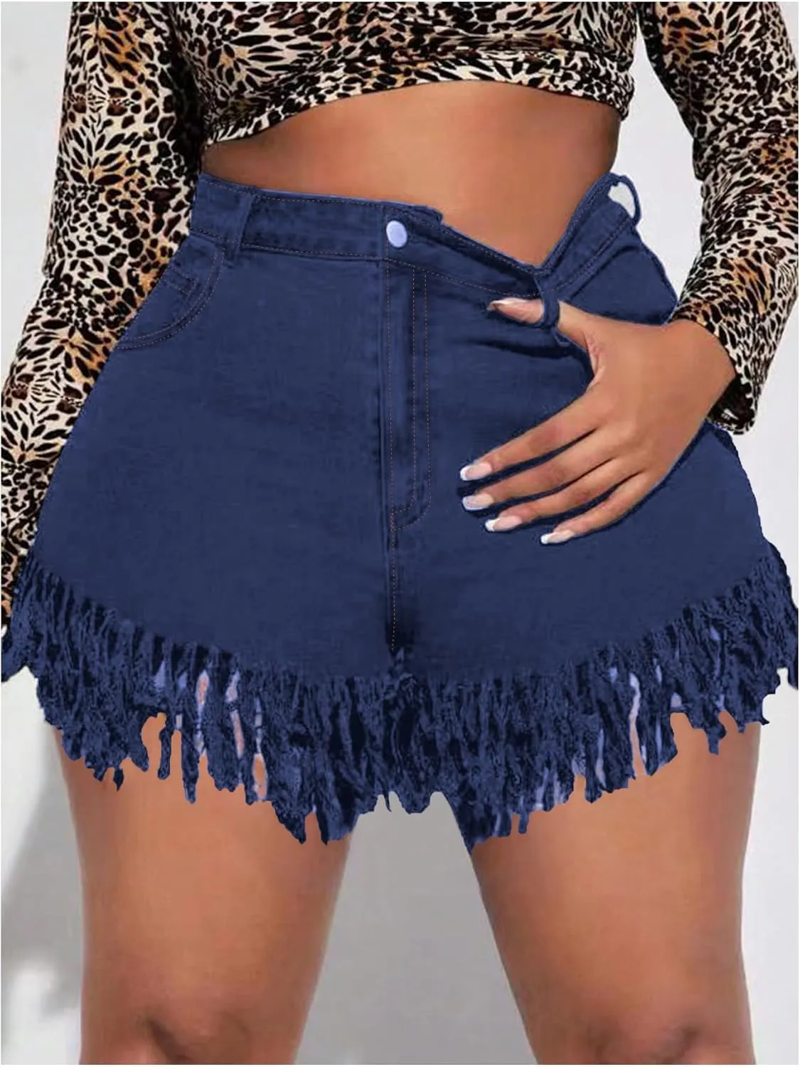Floerns Women's Plus Size High Waist Zipper Fly Fringe Denim Shorts with Pocket