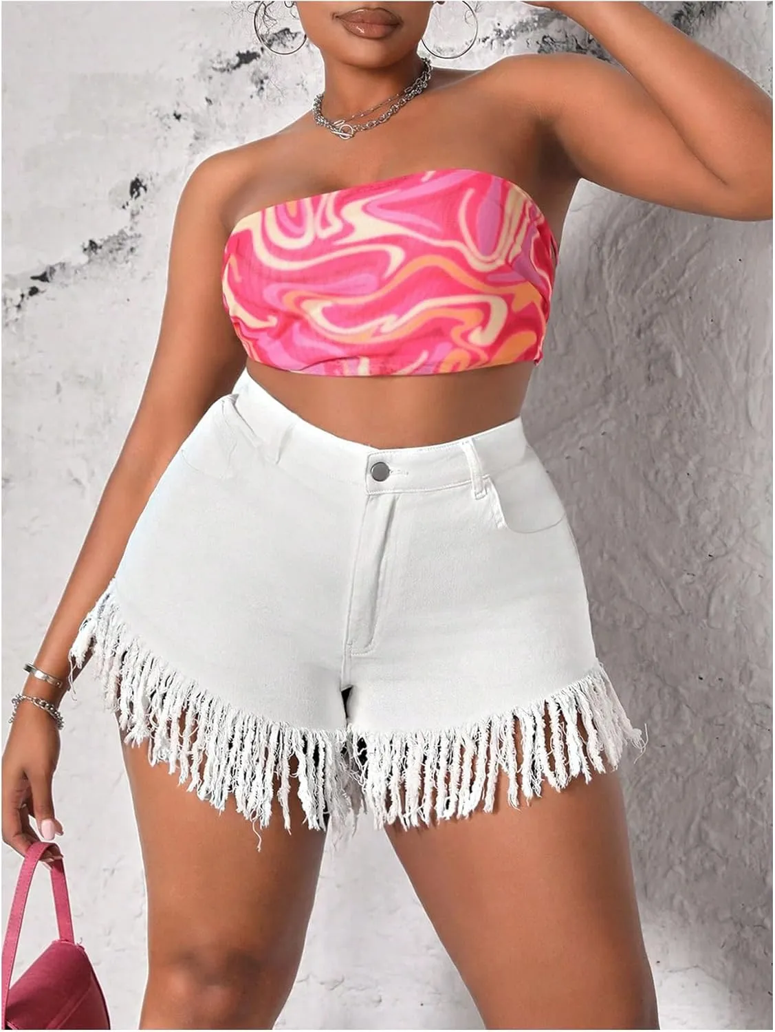 Floerns Women's Plus Size High Waist Zipper Fly Fringe Denim Shorts with Pocket