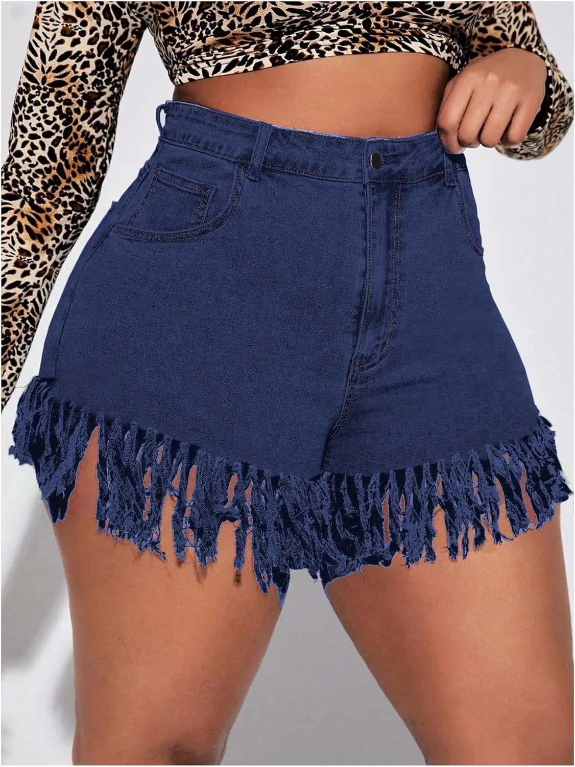 Floerns Women's Plus Size High Waist Zipper Fly Fringe Denim Shorts with Pocket