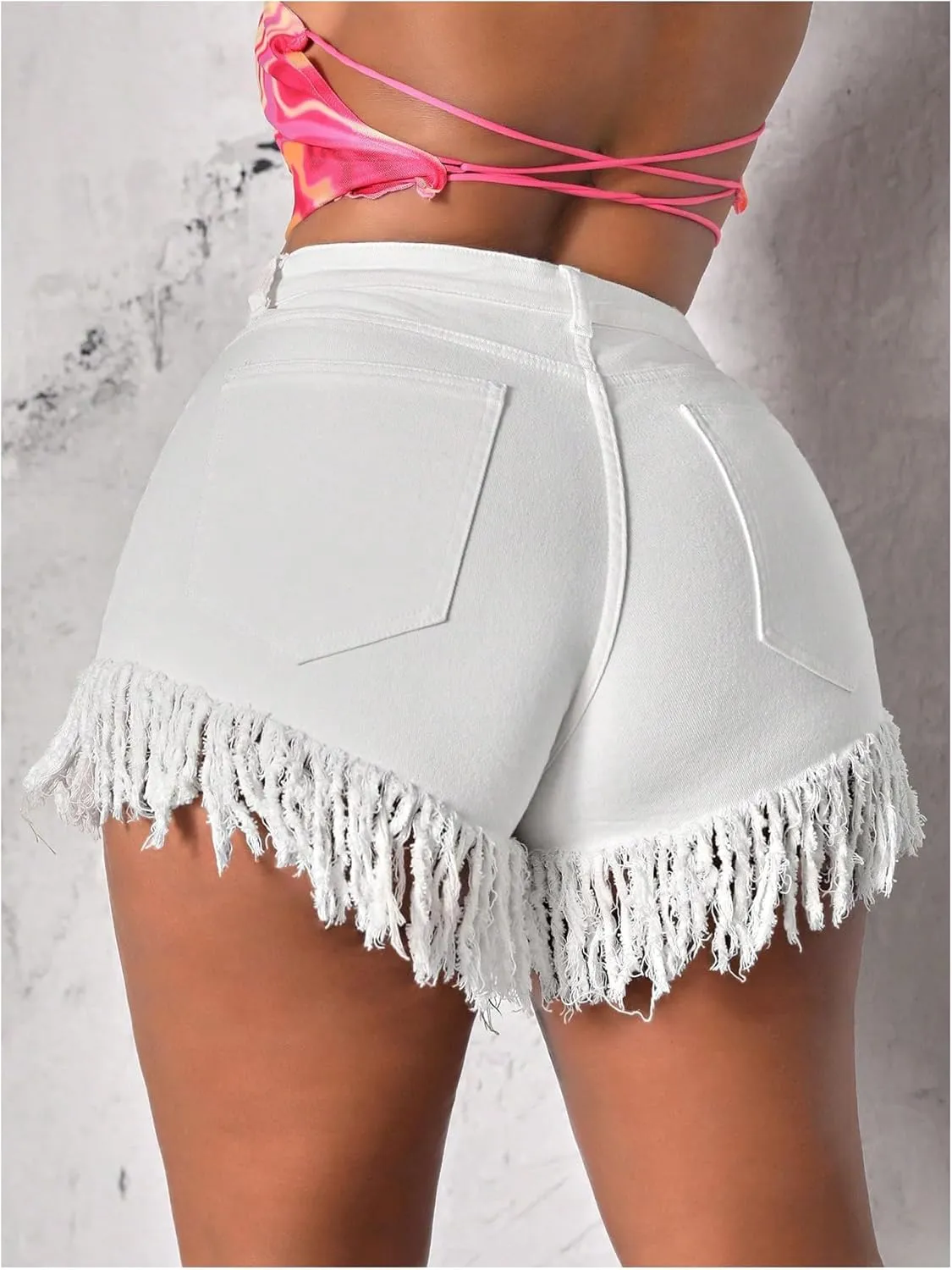 Floerns Women's Plus Size High Waist Zipper Fly Fringe Denim Shorts with Pocket