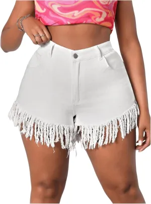 Floerns Women's Plus Size High Waist Zipper Fly Fringe Denim Shorts with Pocket