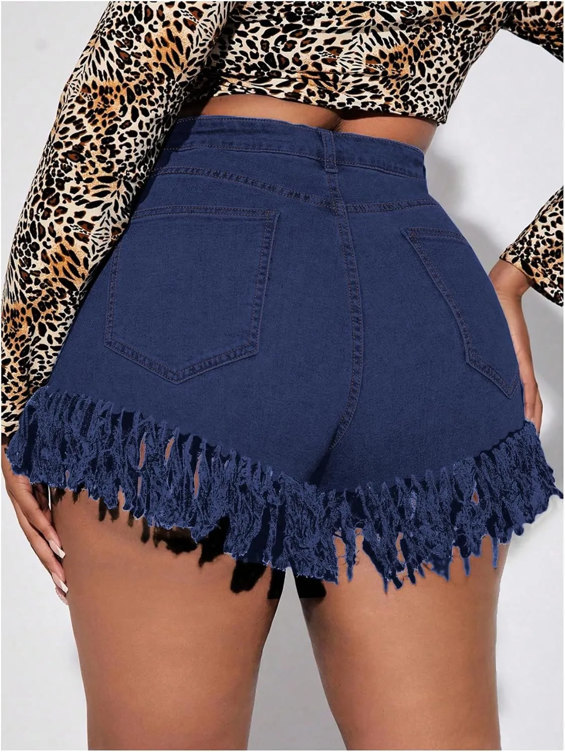 Floerns Women's Plus Size High Waist Zipper Fly Fringe Denim Shorts with Pocket