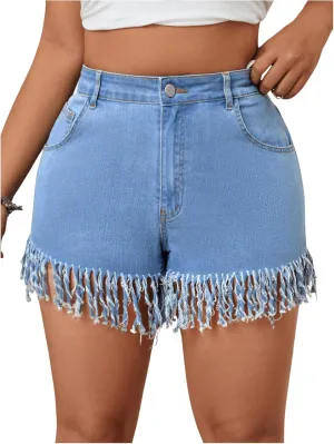 Floerns Women's Plus Size High Waist Zipper Fly Fringe Denim Shorts with Pocket