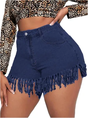 Floerns Women's Plus Size High Waist Zipper Fly Fringe Denim Shorts with Pocket