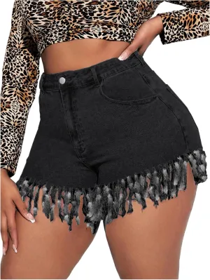 Floerns Women's Plus Size High Waist Zipper Fly Fringe Denim Shorts with Pocket