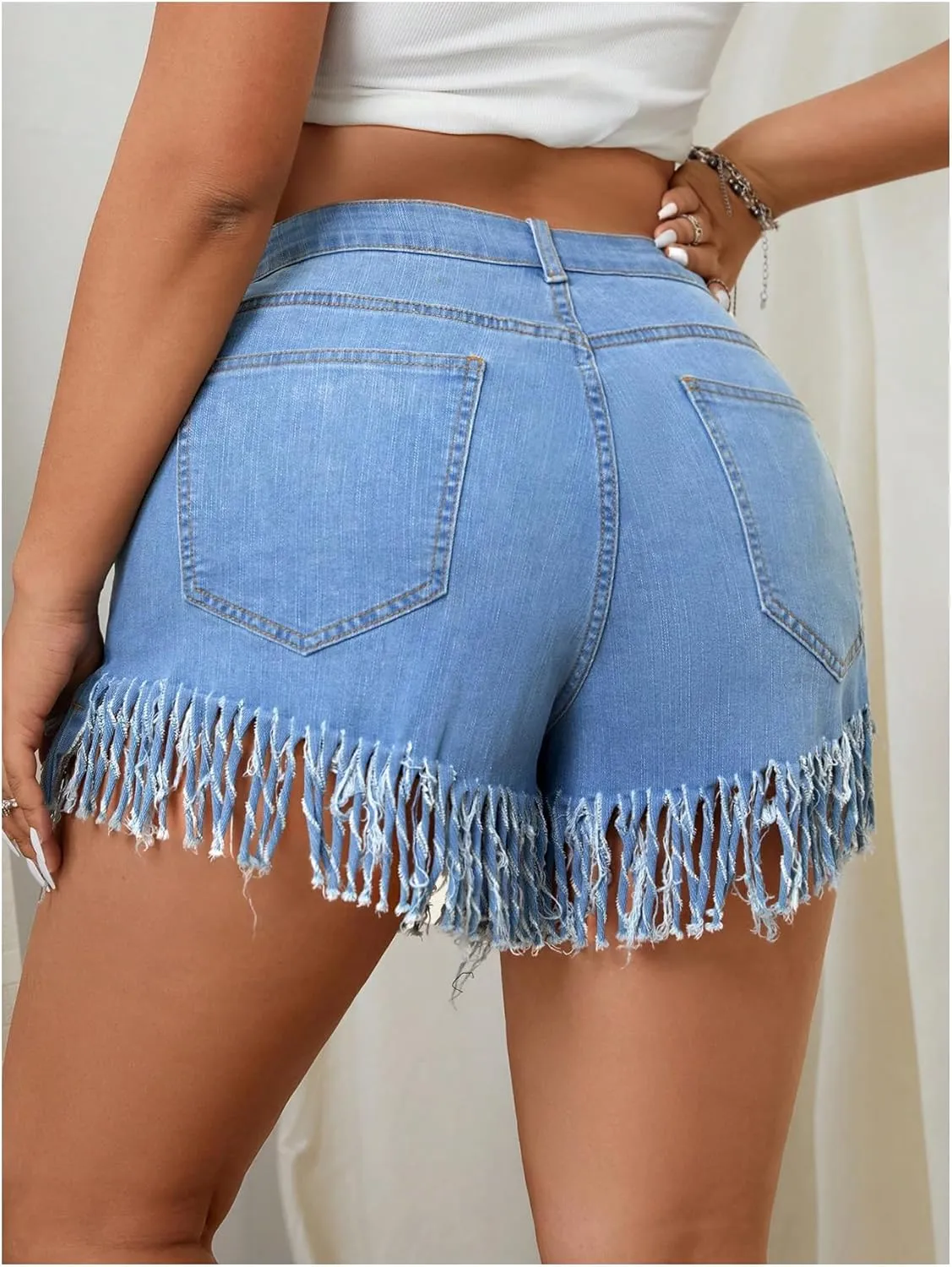 Floerns Women's Plus Size High Waist Zipper Fly Fringe Denim Shorts with Pocket