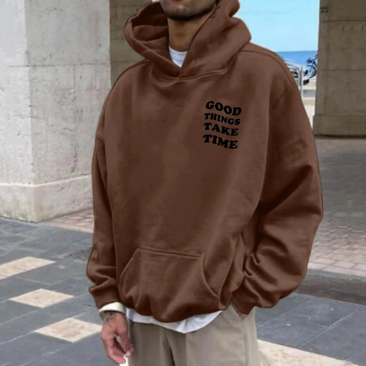 GOFULY Mens Sweatshirts Fall Good Things Take Time & Rose Shape Print Hoodies Long Sleeve Pullover Winter Shirts Big And Tall