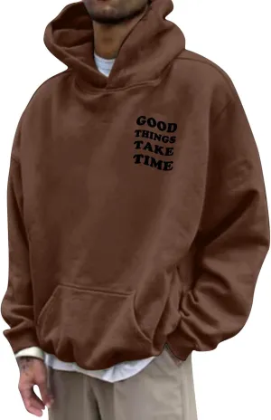 GOFULY Mens Sweatshirts Fall Good Things Take Time & Rose Shape Print Hoodies Long Sleeve Pullover Winter Shirts Big And Tall