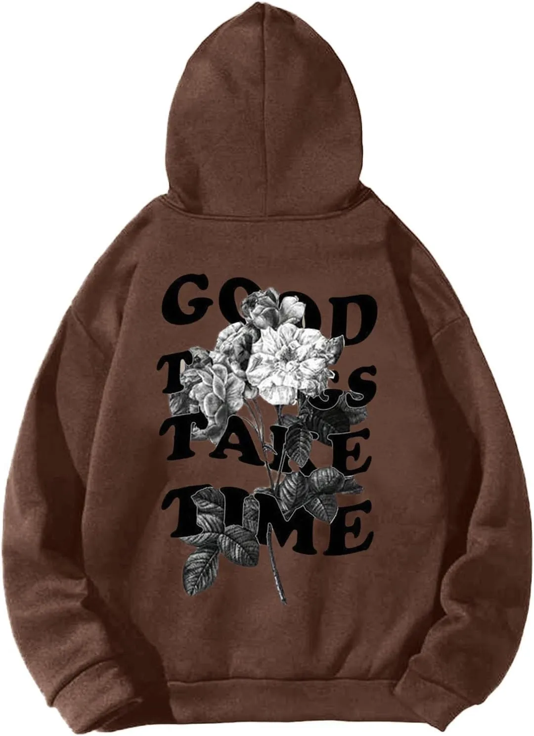GOFULY Mens Sweatshirts Fall Good Things Take Time & Rose Shape Print Hoodies Long Sleeve Pullover Winter Shirts Big And Tall