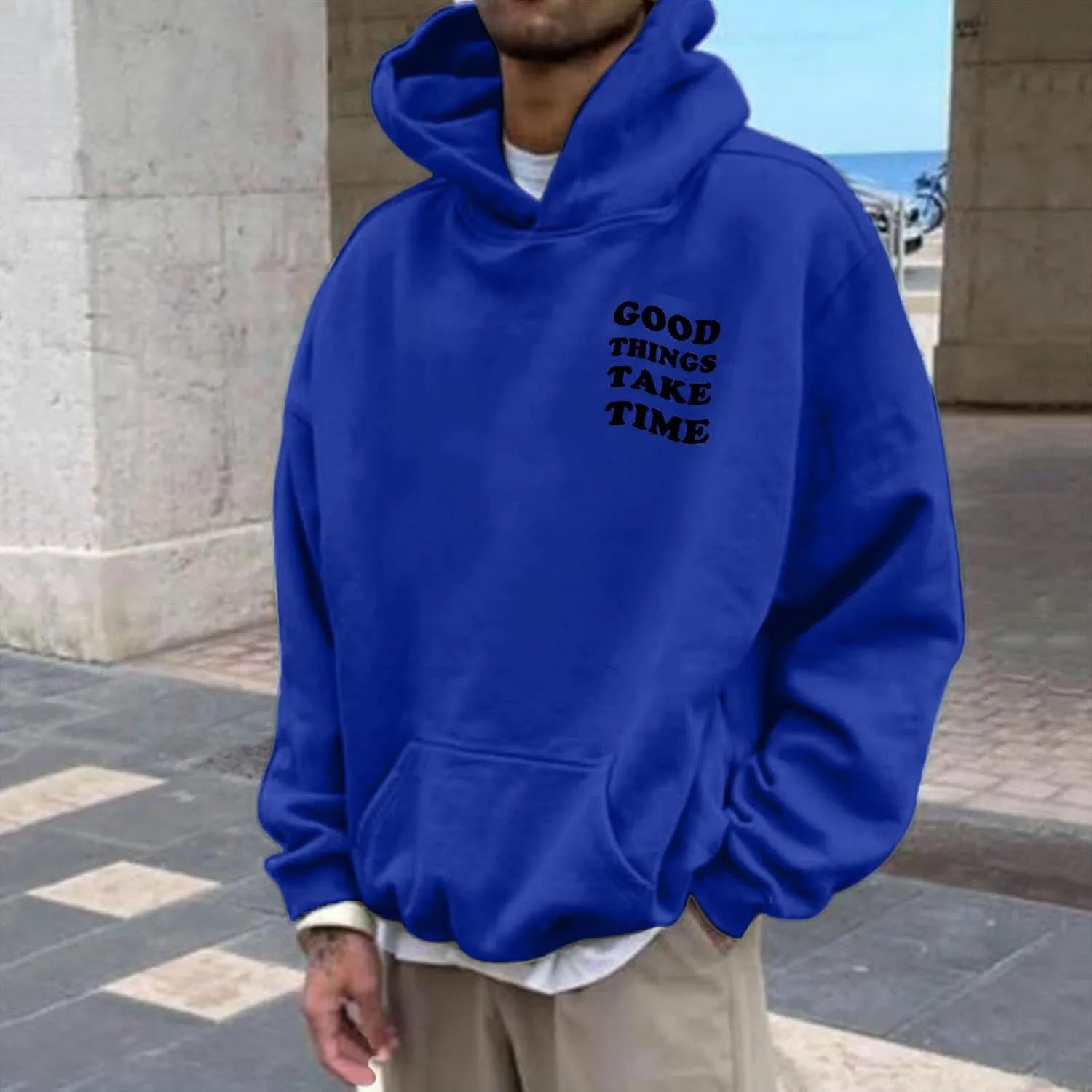 GOFULY Mens Sweatshirts Fall Good Things Take Time & Rose Shape Print Hoodies Long Sleeve Pullover Winter Shirts Big And Tall