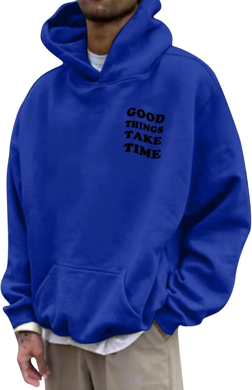 GOFULY Mens Sweatshirts Fall Good Things Take Time & Rose Shape Print Hoodies Long Sleeve Pullover Winter Shirts Big And Tall
