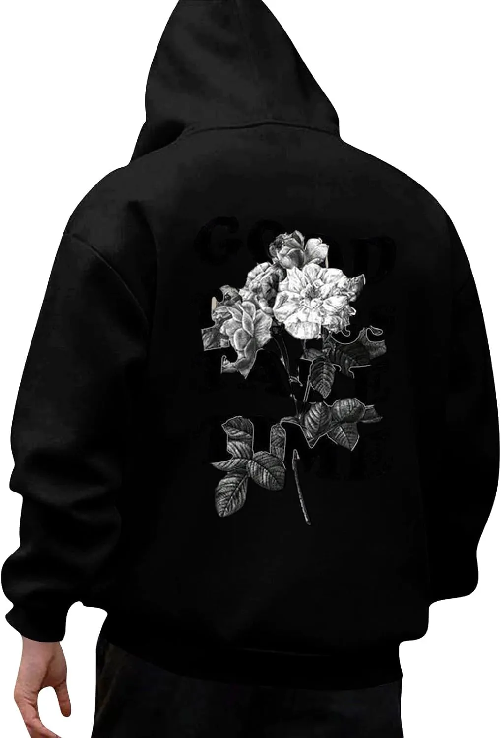 GOFULY Mens Sweatshirts Fall Good Things Take Time & Rose Shape Print Hoodies Long Sleeve Pullover Winter Shirts Big And Tall