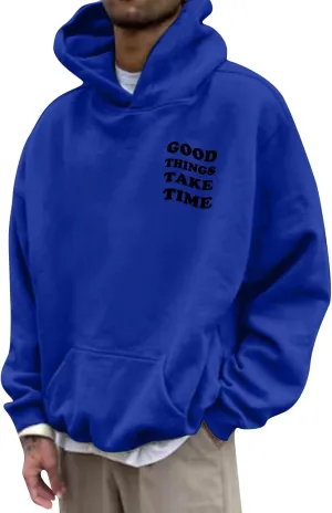 GOFULY Mens Sweatshirts Fall Good Things Take Time & Rose Shape Print Hoodies Long Sleeve Pullover Winter Shirts Big And Tall