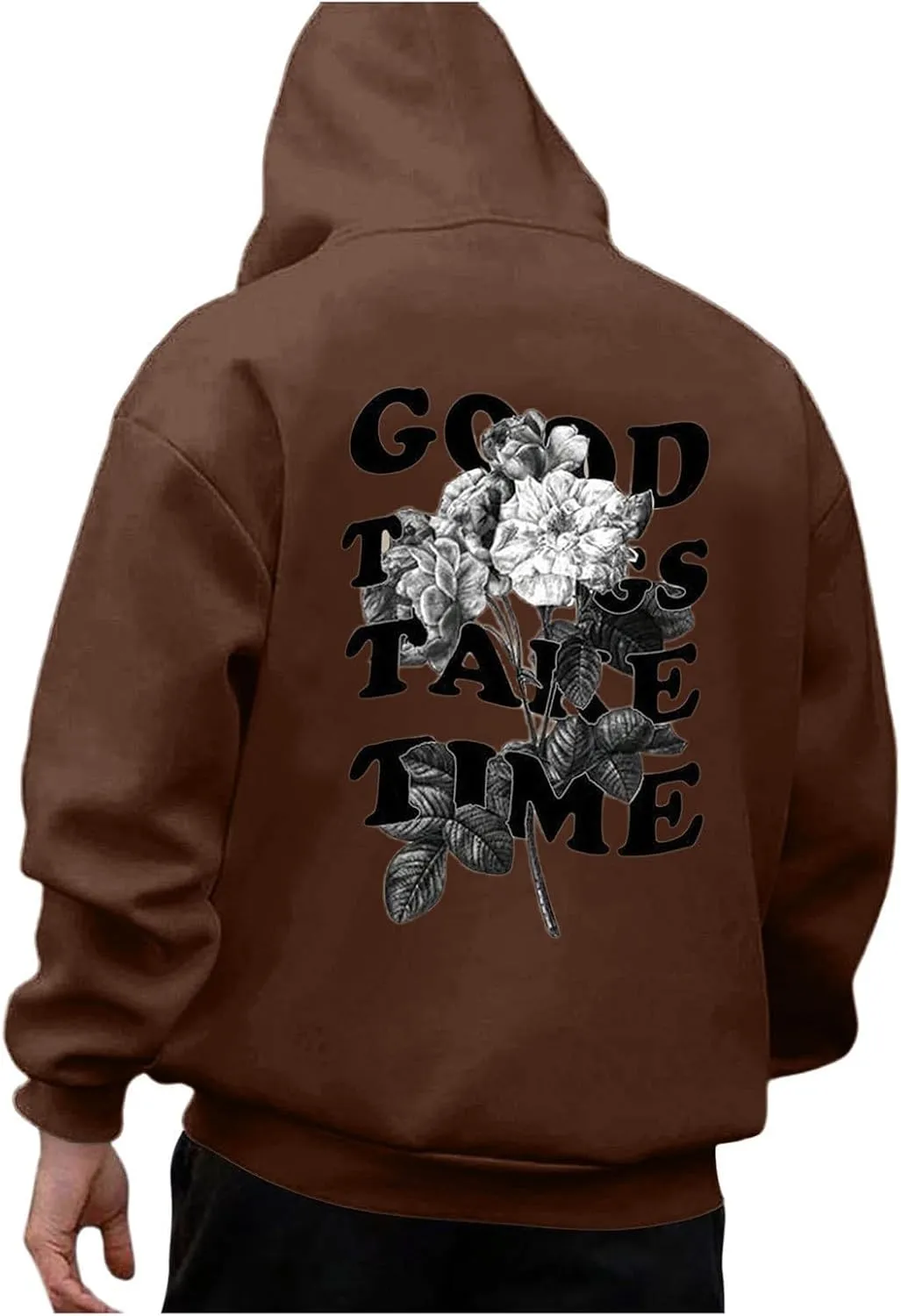 GOFULY Mens Sweatshirts Fall Good Things Take Time & Rose Shape Print Hoodies Long Sleeve Pullover Winter Shirts Big And Tall