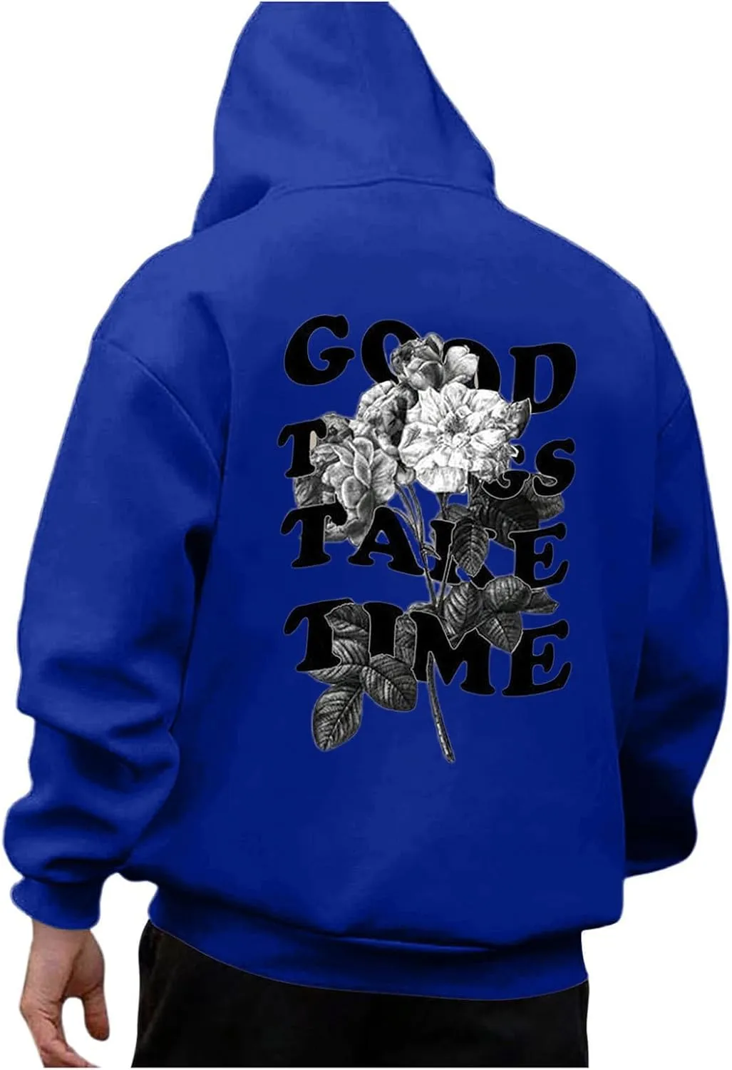 GOFULY Mens Sweatshirts Fall Good Things Take Time & Rose Shape Print Hoodies Long Sleeve Pullover Winter Shirts Big And Tall