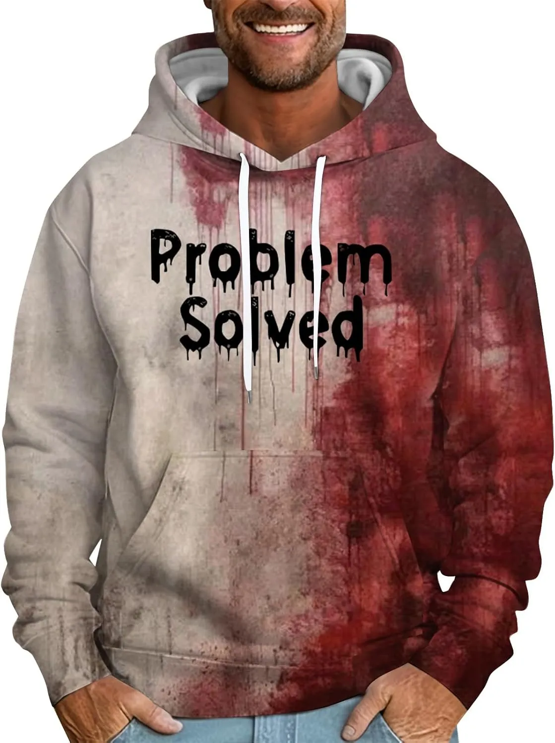 GOFULY Problem Solved Bloody Halloween Hoodies For Men Y2K Fall Halloween Sweatshirts Long Sleeve Winter 2024 Pullover