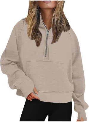 Half Zip Cropped Hoodies for Women Fleece Quarter Zip Pullover Oversized Sweatshirts with Thumb Hole 2024 Fall Clothes