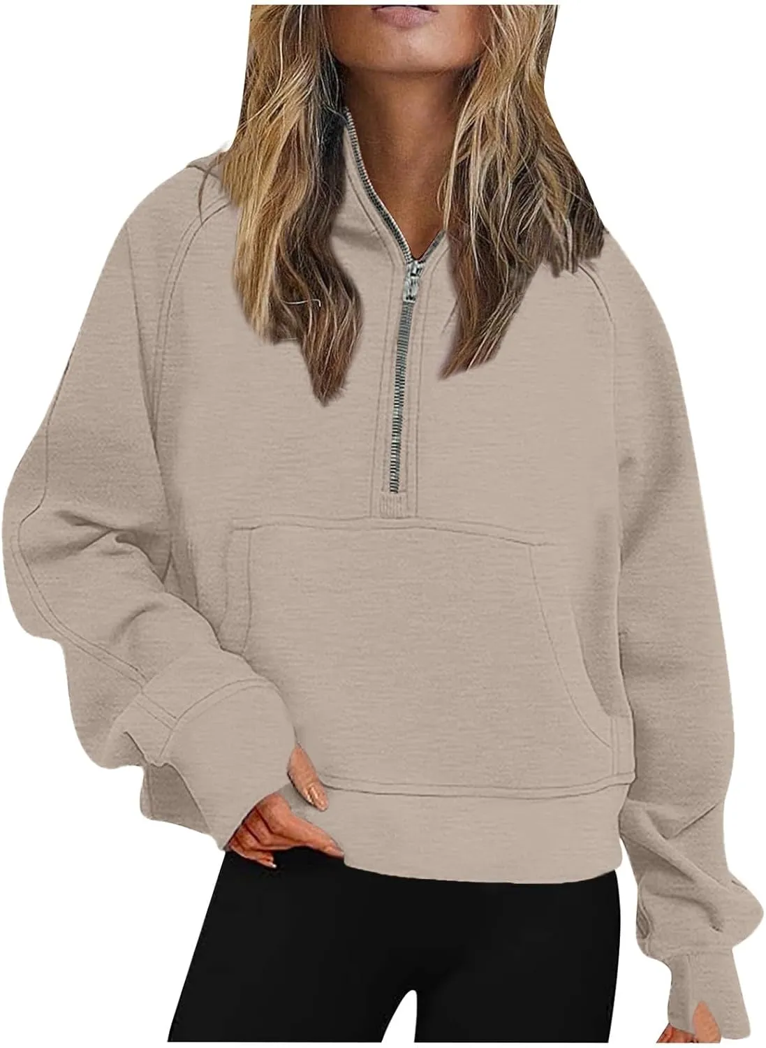Half Zip Cropped Hoodies for Women Fleece Quarter Zip Pullover Oversized Sweatshirts with Thumb Hole 2024 Fall Clothes