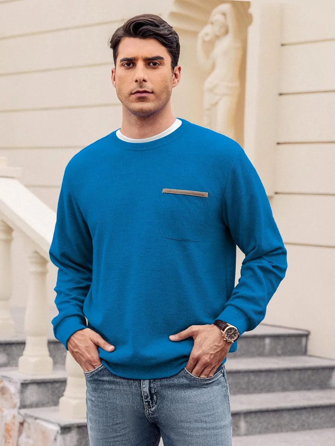 Hardaddy Men's Waffle Textured T-Shirts Crewneck Long Sleeve Tees Casual Lightweight Sweatshirts with Pocket