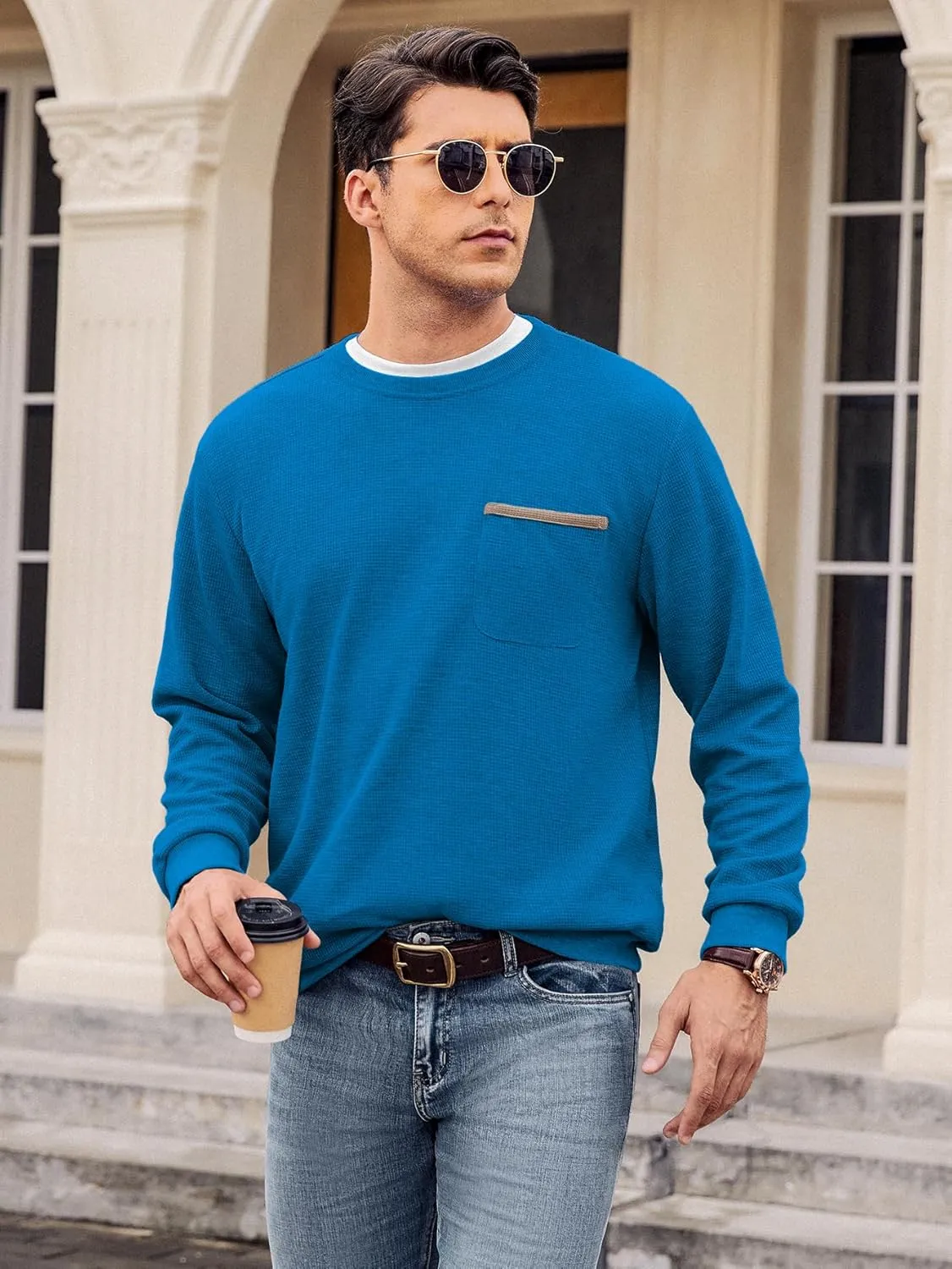 Hardaddy Men's Waffle Textured T-Shirts Crewneck Long Sleeve Tees Casual Lightweight Sweatshirts with Pocket