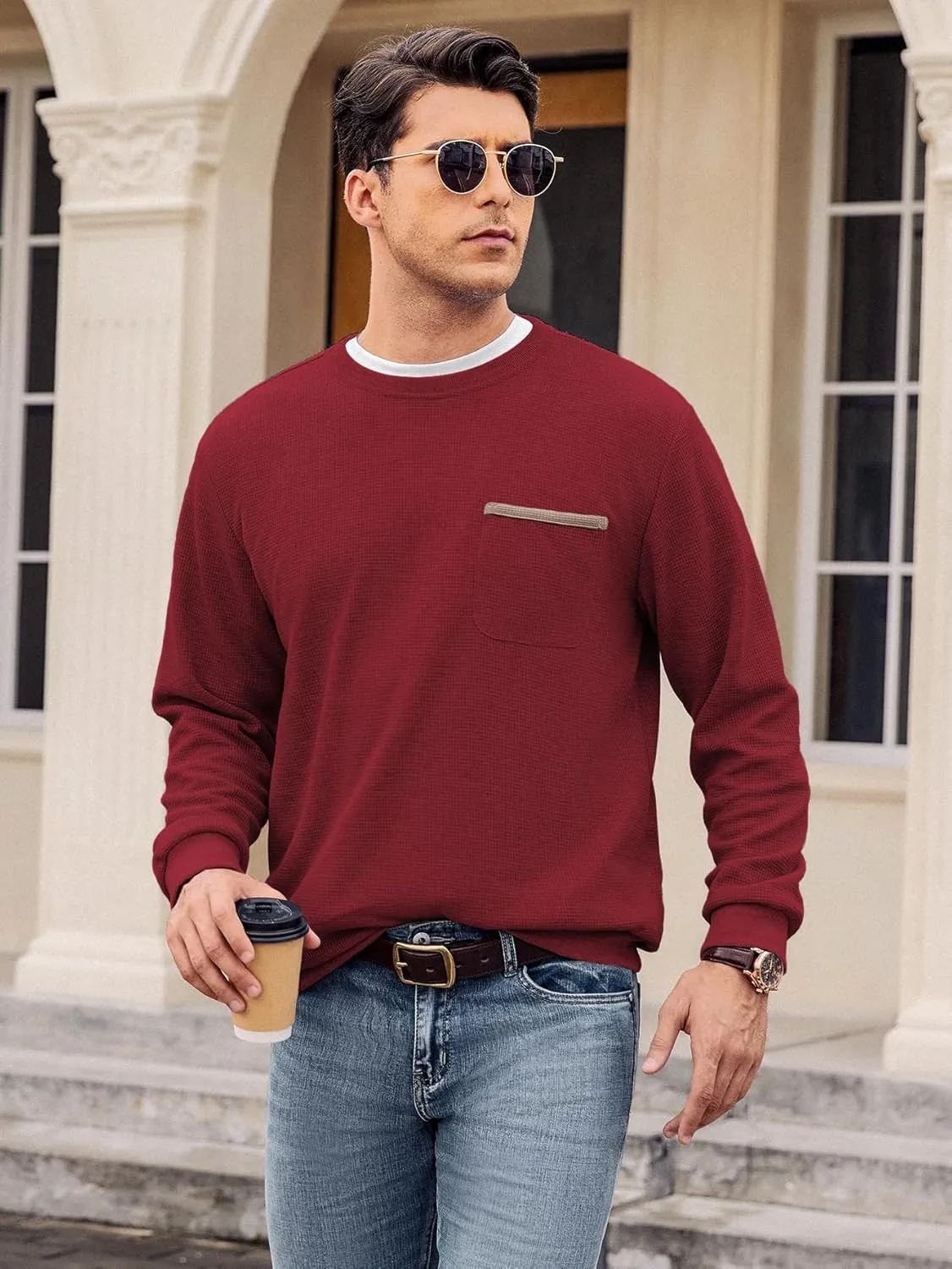 Hardaddy Men's Waffle Textured T-Shirts Crewneck Long Sleeve Tees Casual Lightweight Sweatshirts with Pocket