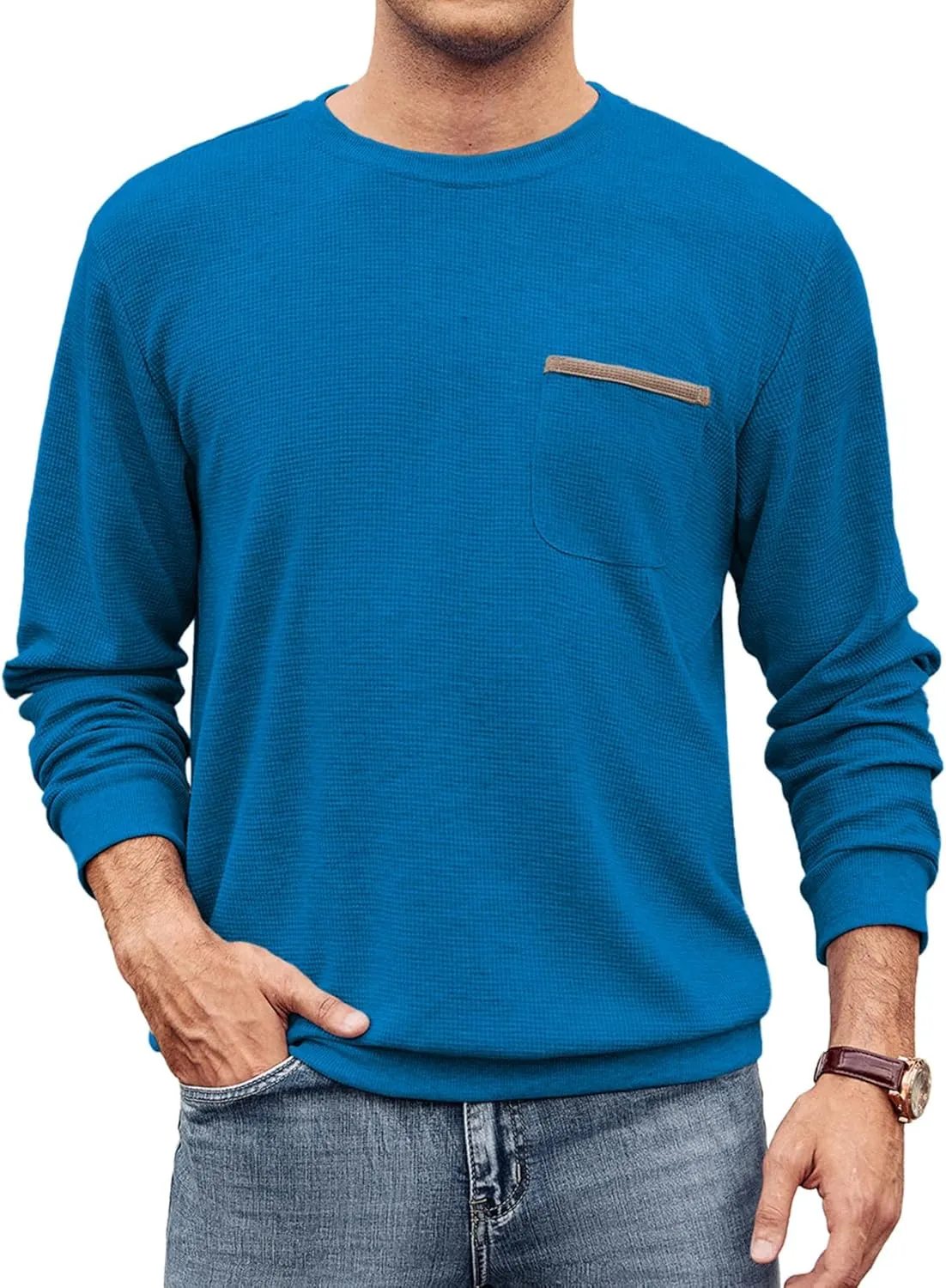 Hardaddy Men's Waffle Textured T-Shirts Crewneck Long Sleeve Tees Casual Lightweight Sweatshirts with Pocket