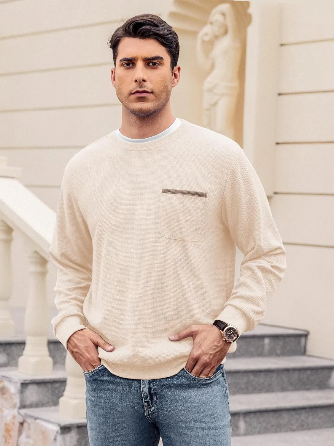 Hardaddy Men's Waffle Textured T-Shirts Crewneck Long Sleeve Tees Casual Lightweight Sweatshirts with Pocket