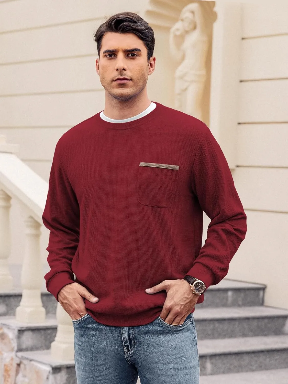 Hardaddy Men's Waffle Textured T-Shirts Crewneck Long Sleeve Tees Casual Lightweight Sweatshirts with Pocket