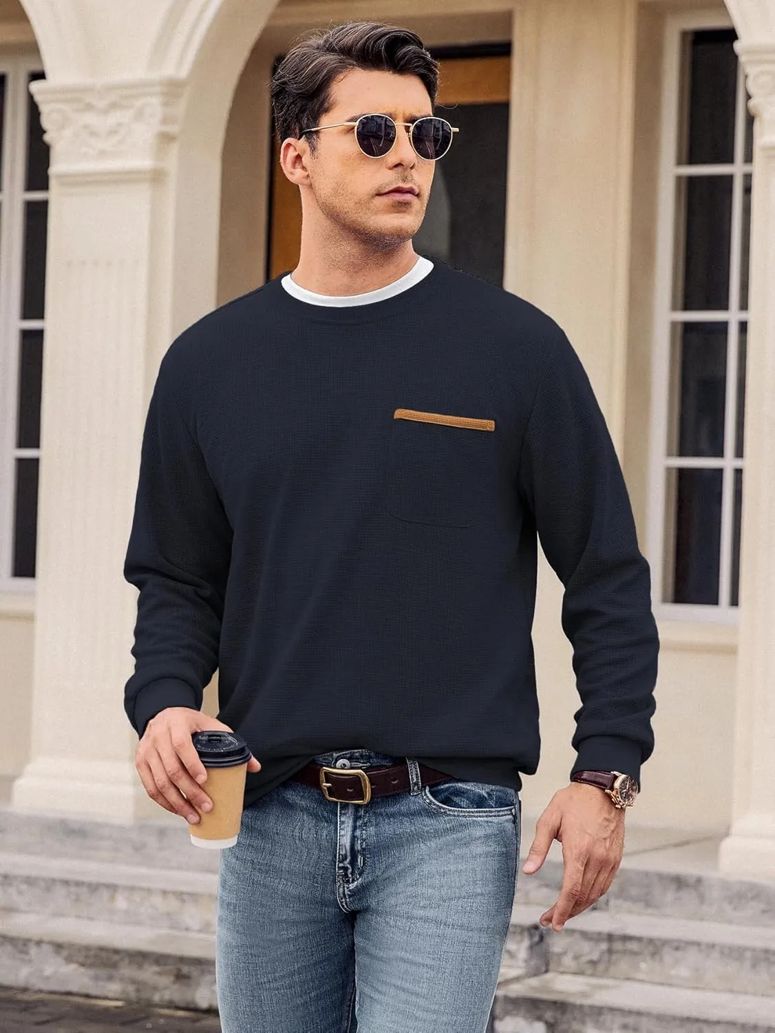 Hardaddy Men's Waffle Textured T-Shirts Crewneck Long Sleeve Tees Casual Lightweight Sweatshirts with Pocket