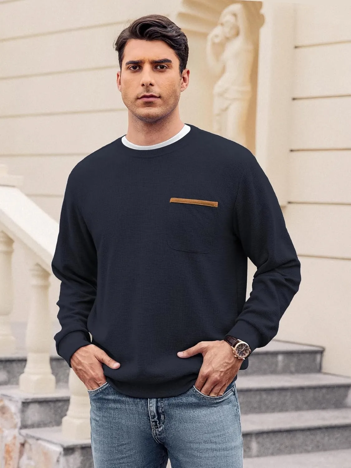 Hardaddy Men's Waffle Textured T-Shirts Crewneck Long Sleeve Tees Casual Lightweight Sweatshirts with Pocket