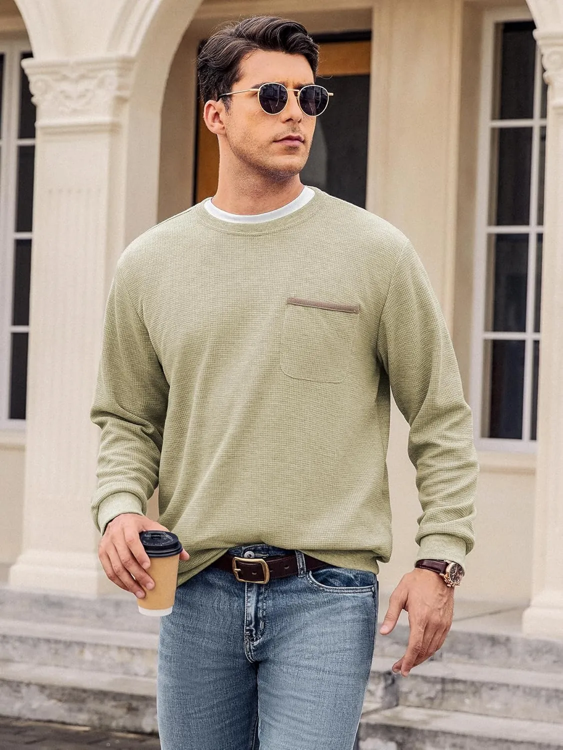 Hardaddy Men's Waffle Textured T-Shirts Crewneck Long Sleeve Tees Casual Lightweight Sweatshirts with Pocket