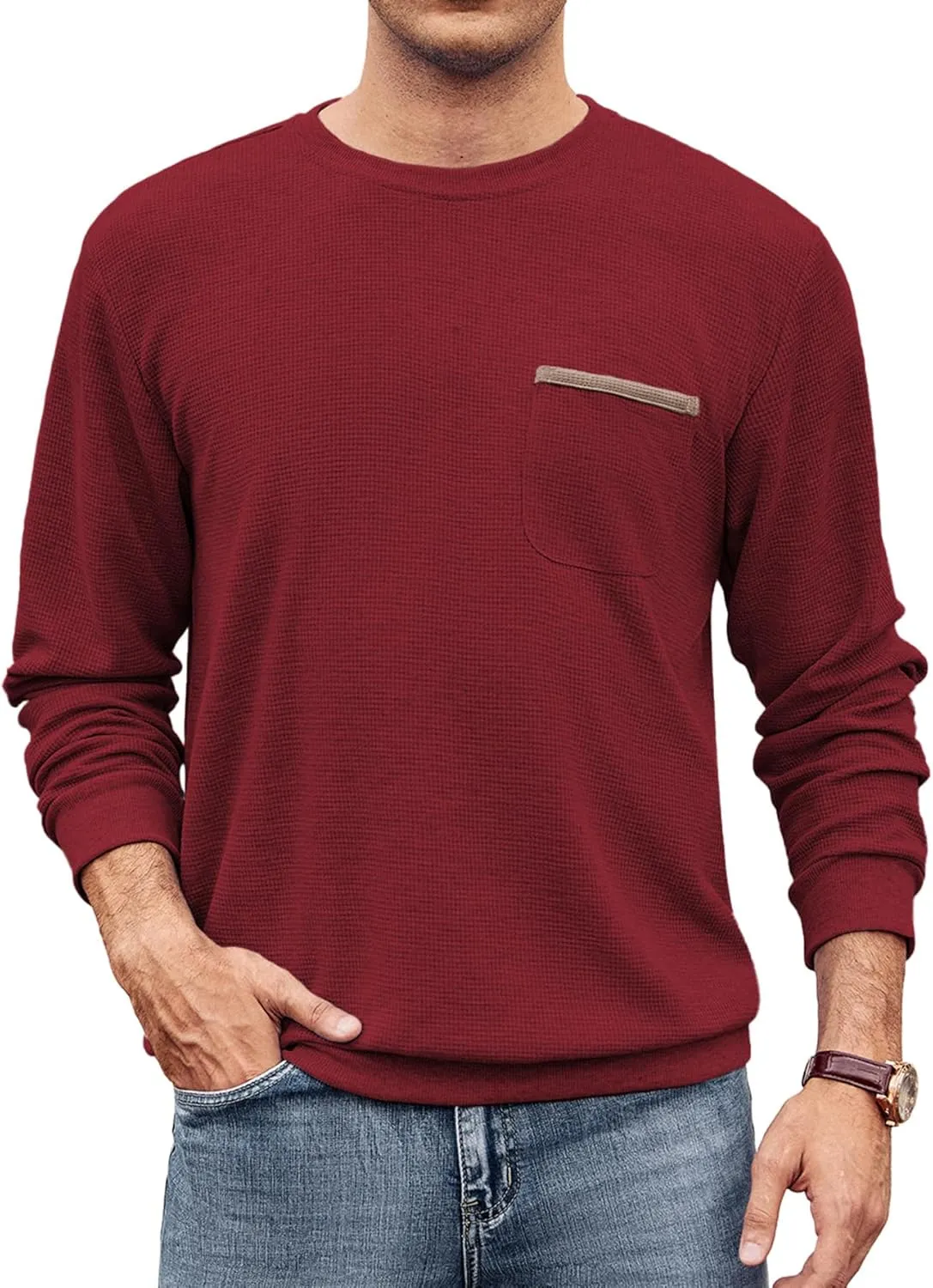 Hardaddy Men's Waffle Textured T-Shirts Crewneck Long Sleeve Tees Casual Lightweight Sweatshirts with Pocket