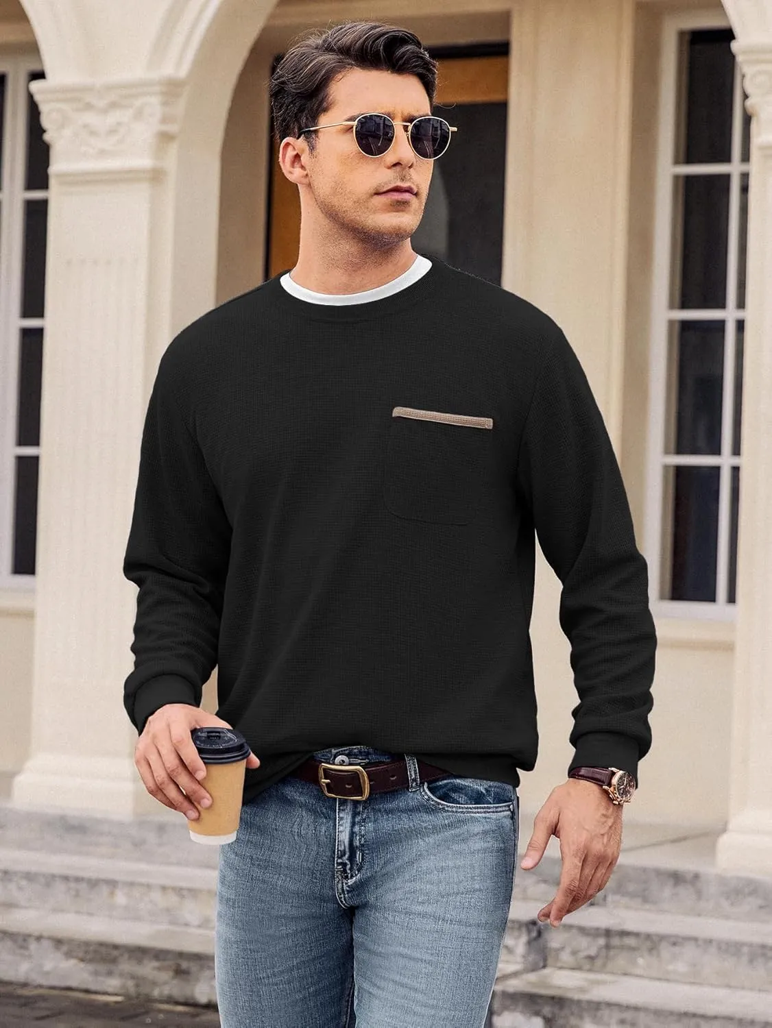 Hardaddy Men's Waffle Textured T-Shirts Crewneck Long Sleeve Tees Casual Lightweight Sweatshirts with Pocket
