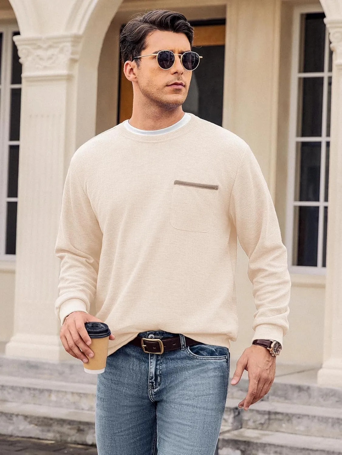 Hardaddy Men's Waffle Textured T-Shirts Crewneck Long Sleeve Tees Casual Lightweight Sweatshirts with Pocket
