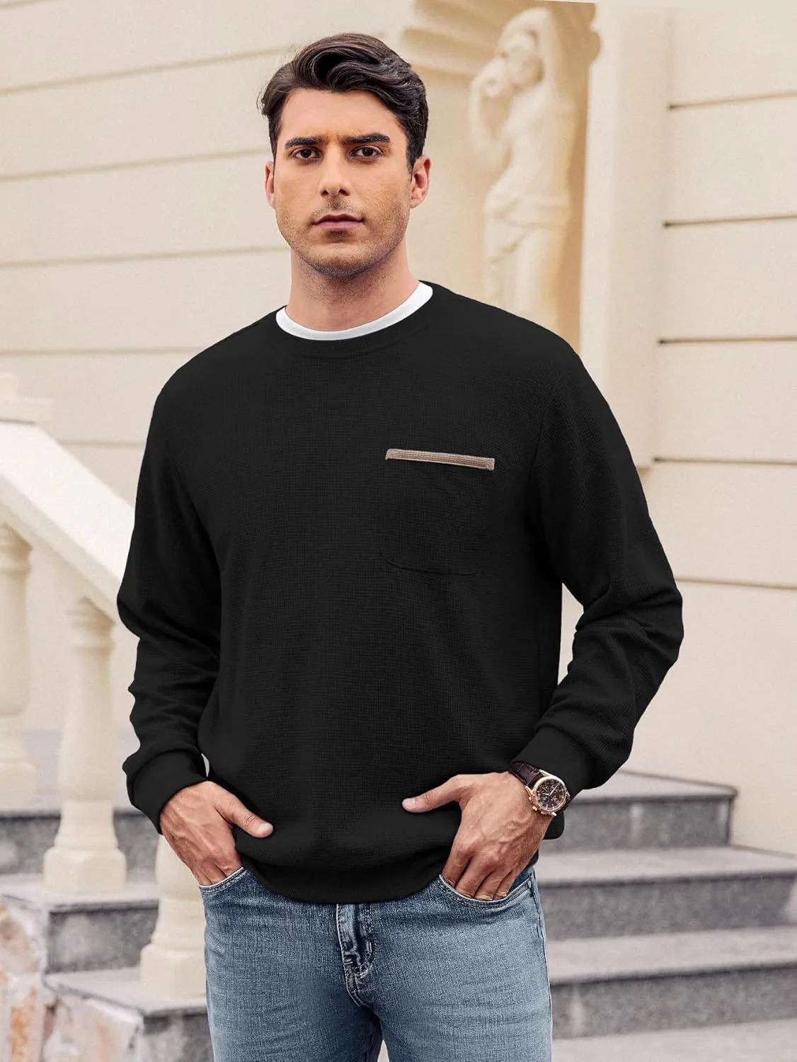 Hardaddy Men's Waffle Textured T-Shirts Crewneck Long Sleeve Tees Casual Lightweight Sweatshirts with Pocket