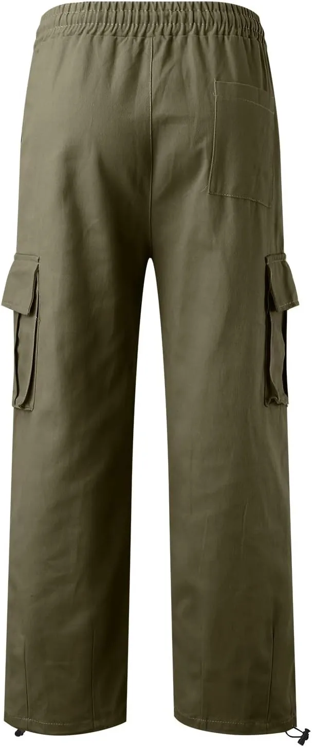 Hiking Pants Male Solid Color Multi Pocket Trousers Tether Athletic Loose Cargo Pants