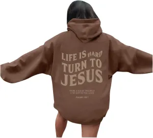 Hoodies For Teen Girls Life Is Hard Turn To Jesus Letter Print Long Sleeve Pullover Tops With Kangaroo Pocket Fall Trendy