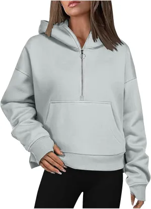 Hoodies for Women Cropped Half Zip Long Sleeve Pullover Tops Fashion Fall Fleece Zip Sweater Blouses With Pccket