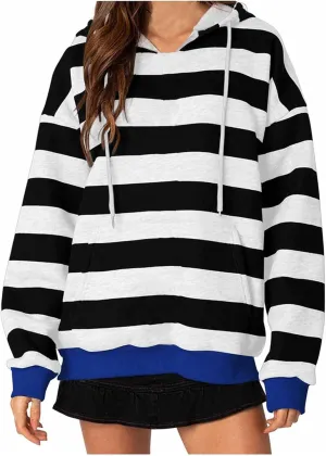 Hoodies for Women Oversized Long Sleeve Striped Colour Block Sweatshirt Fashion Drawstring Soft Pullover Tops Fall 2024