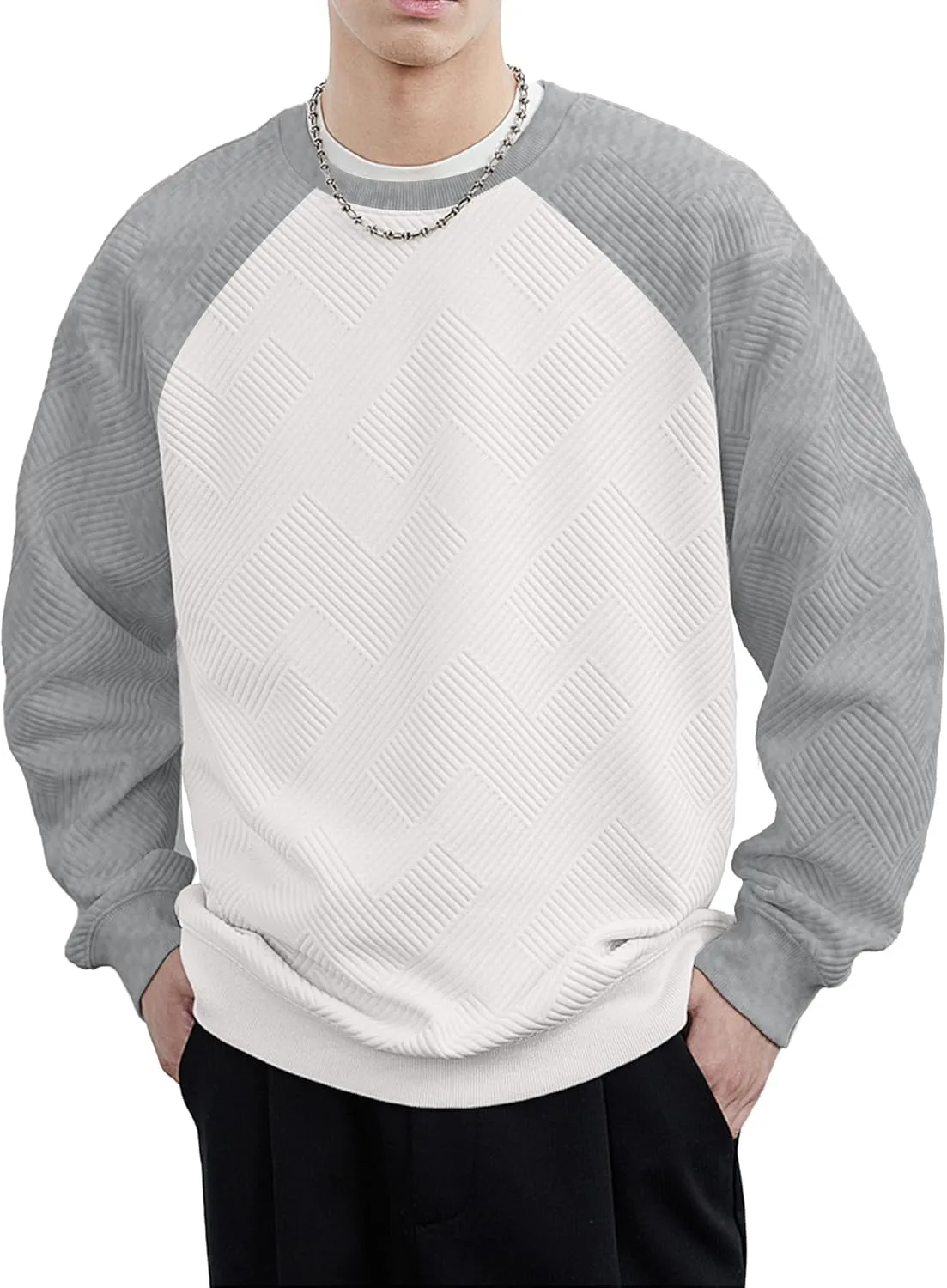 HOTake Mens Crewneck Sweatshirts Solid Color Geometric Texture Long Sleeve Casual Pullover Shirt
