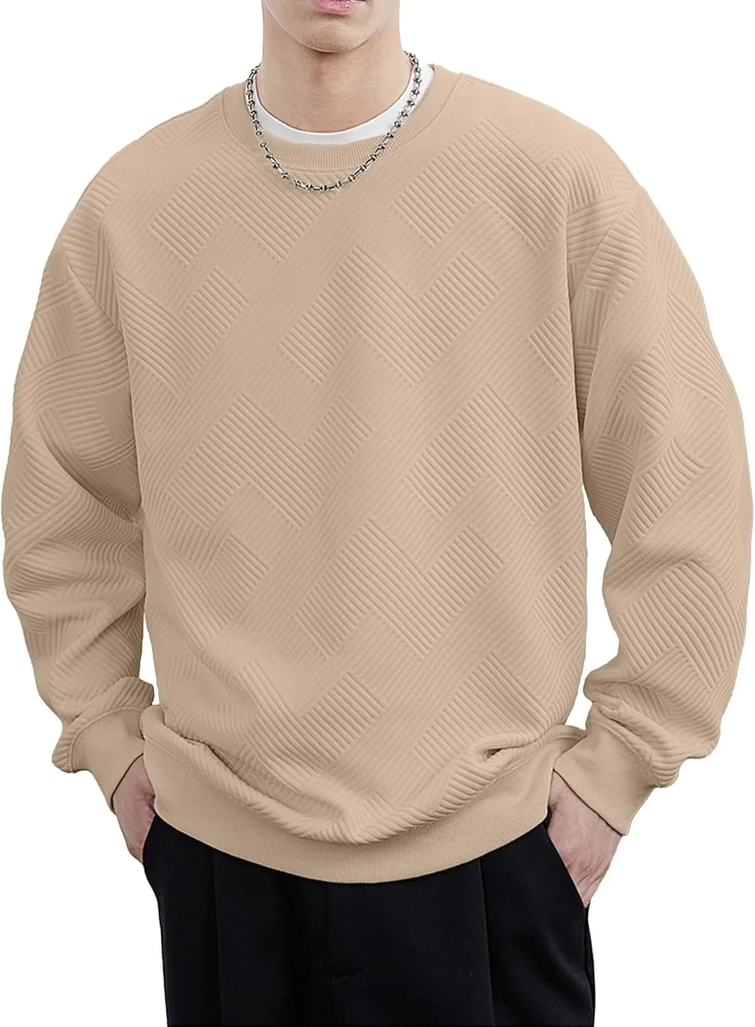 HOTake Mens Crewneck Sweatshirts Solid Color Geometric Texture Long Sleeve Casual Pullover Shirt