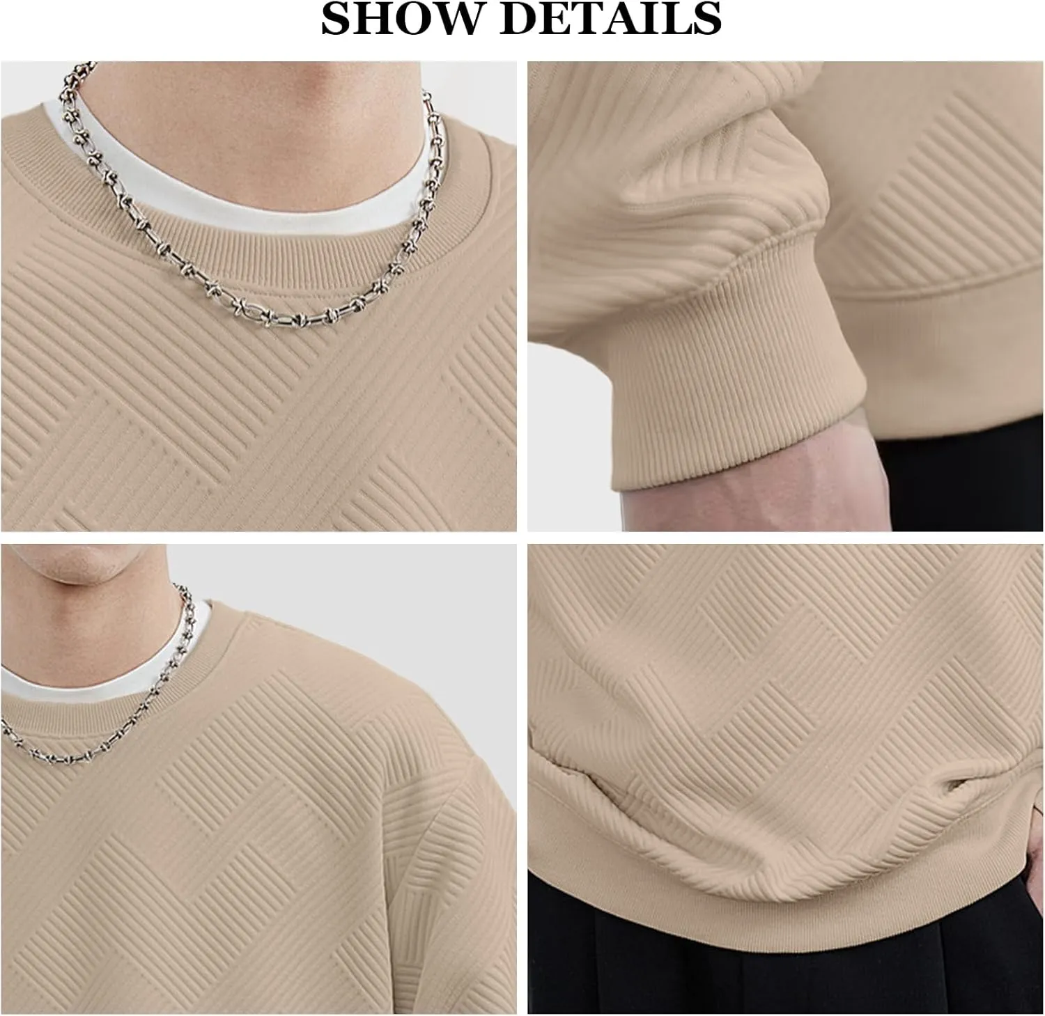 HOTake Mens Crewneck Sweatshirts Solid Color Geometric Texture Long Sleeve Casual Pullover Shirt