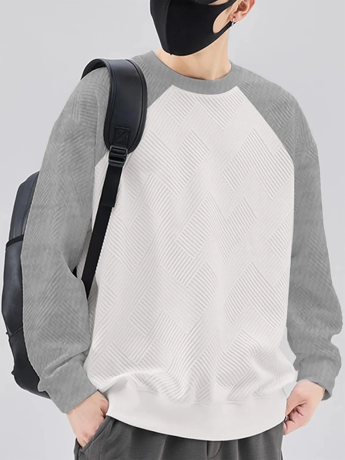 HOTake Mens Crewneck Sweatshirts Solid Color Geometric Texture Long Sleeve Casual Pullover Shirt