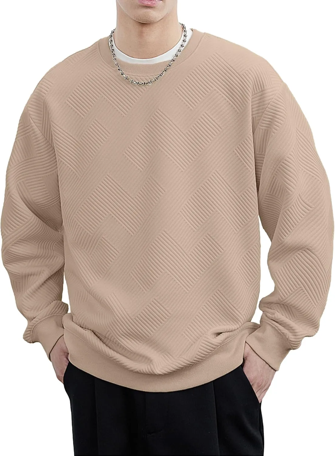 HOTake Mens Crewneck Sweatshirts Solid Color Geometric Texture Long Sleeve Casual Pullover Shirt