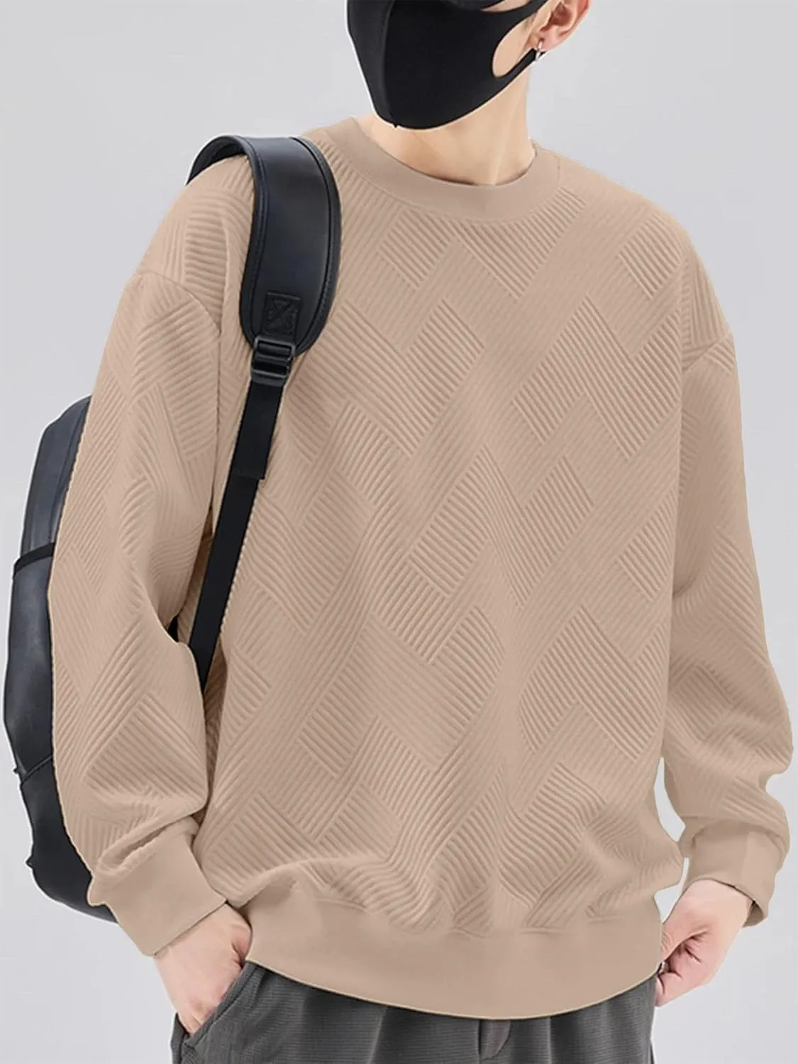 HOTake Mens Crewneck Sweatshirts Solid Color Geometric Texture Long Sleeve Casual Pullover Shirt