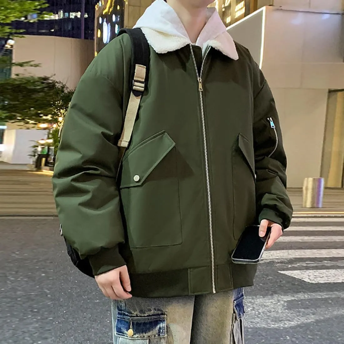 HZCX FASHION Mens Winter Sherpa Lined Trucker Jacket Warm Flight Jacket With Fur Collar Fleece Lined Cargo Windbreaker