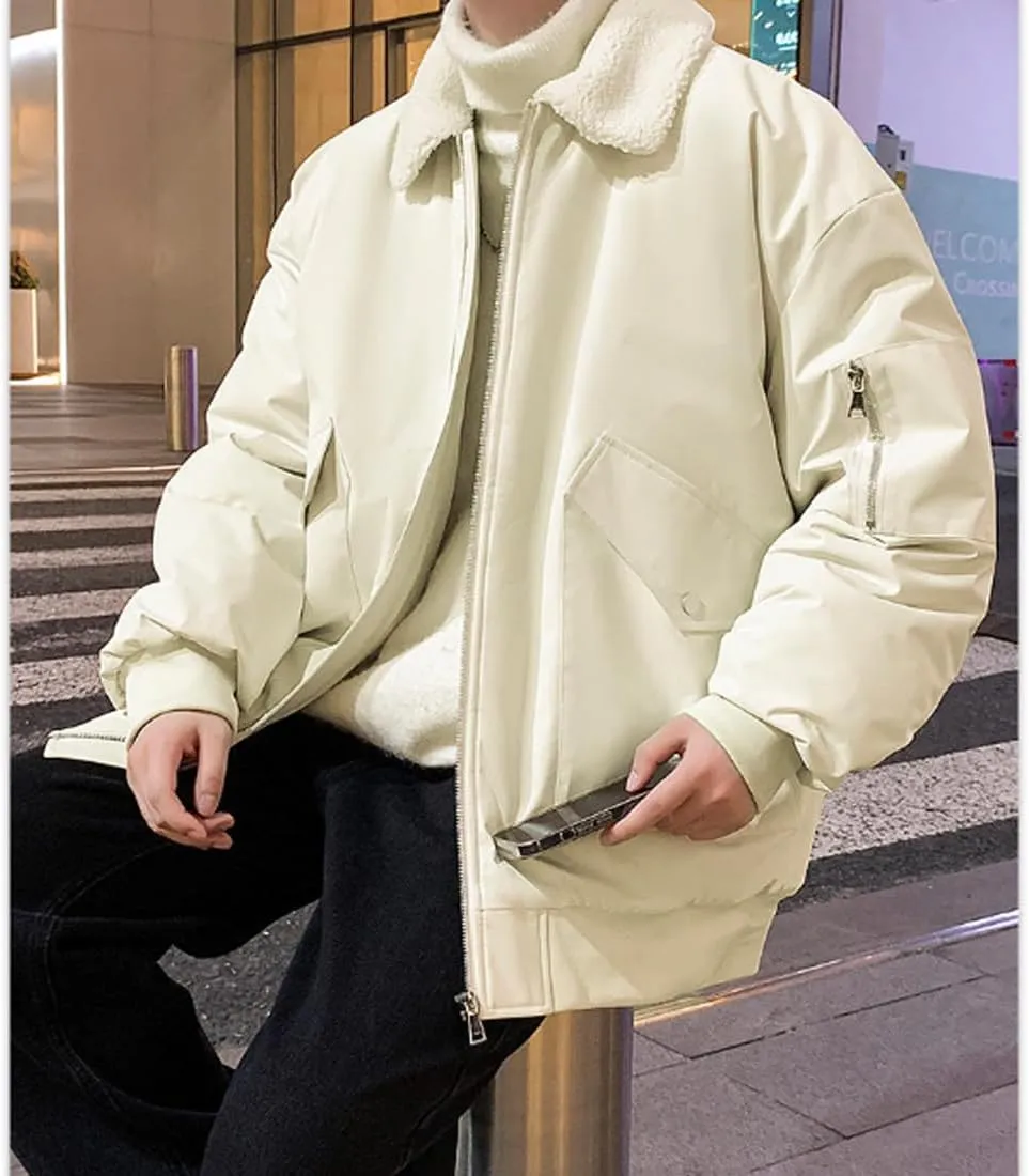 HZCX FASHION Mens Winter Sherpa Lined Trucker Jacket Warm Flight Jacket With Fur Collar Fleece Lined Cargo Windbreaker